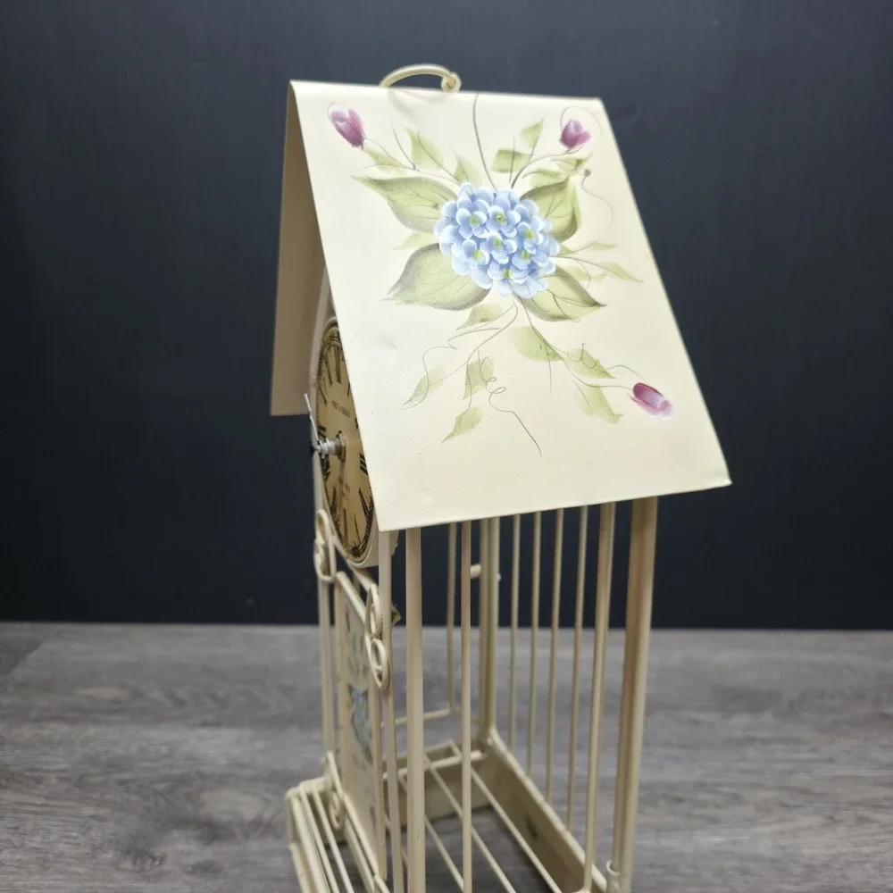 Vintage MANN Bird‎ Cage Clock Tower Metal Floral Hand Painted 16.5